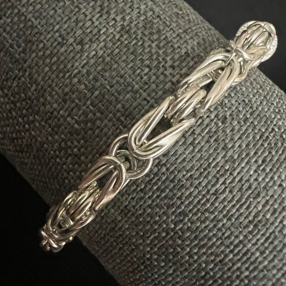 Bright Silver Tone Woven Byzantine Chain Bracelet Crystal Charm 8.25 Whimsigoth